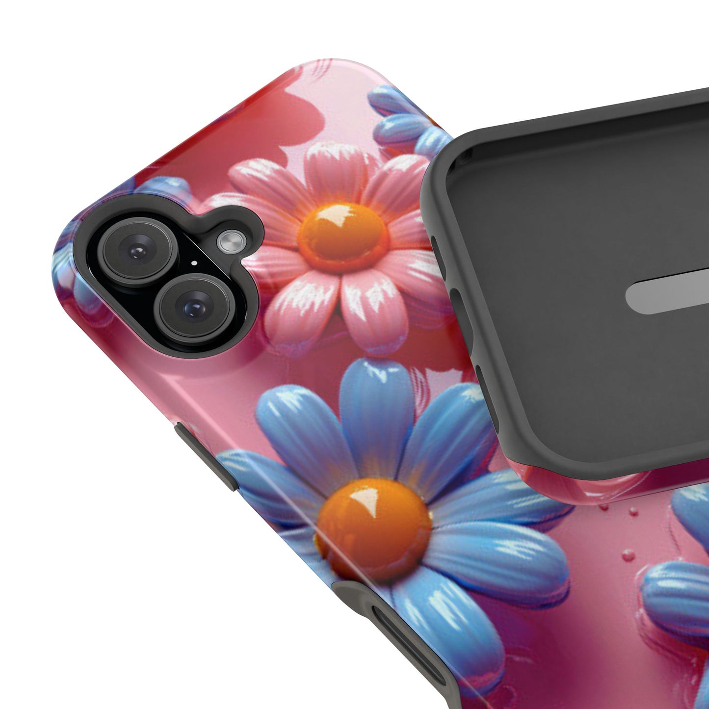 Pastel Daisy 3D MagSafe iPhone Case – Glossy Pink and Blue Floral Design, Full Protection