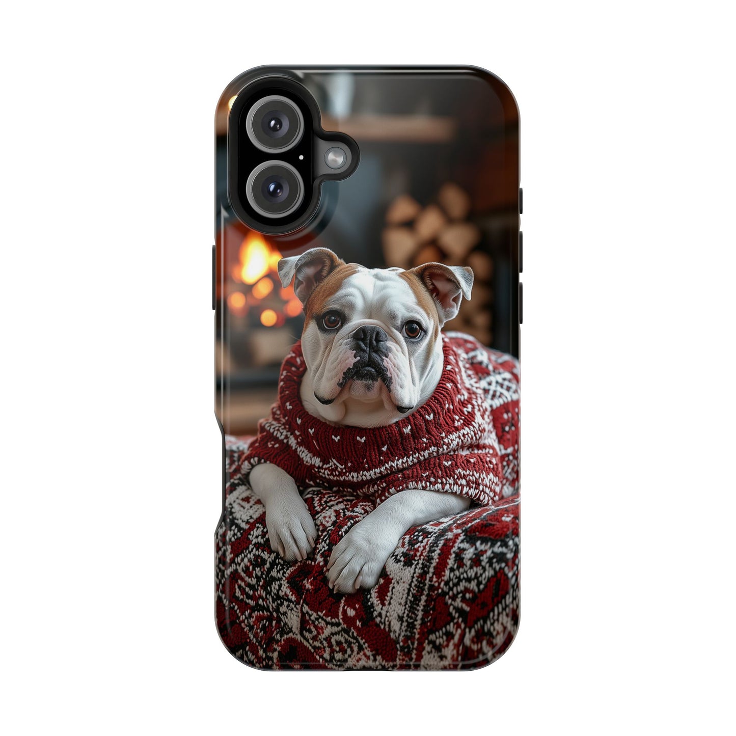 Cozy Bulldog in Sweater MagSafe iPhone Case – Festive Fireplace Protective Cover