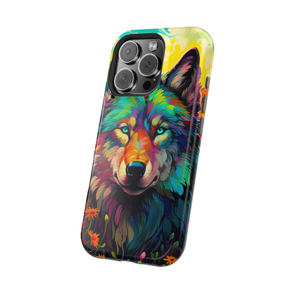 Rainbow Wolf in Bloom – MagSafe iPhone Case with Nature-Inspired Design