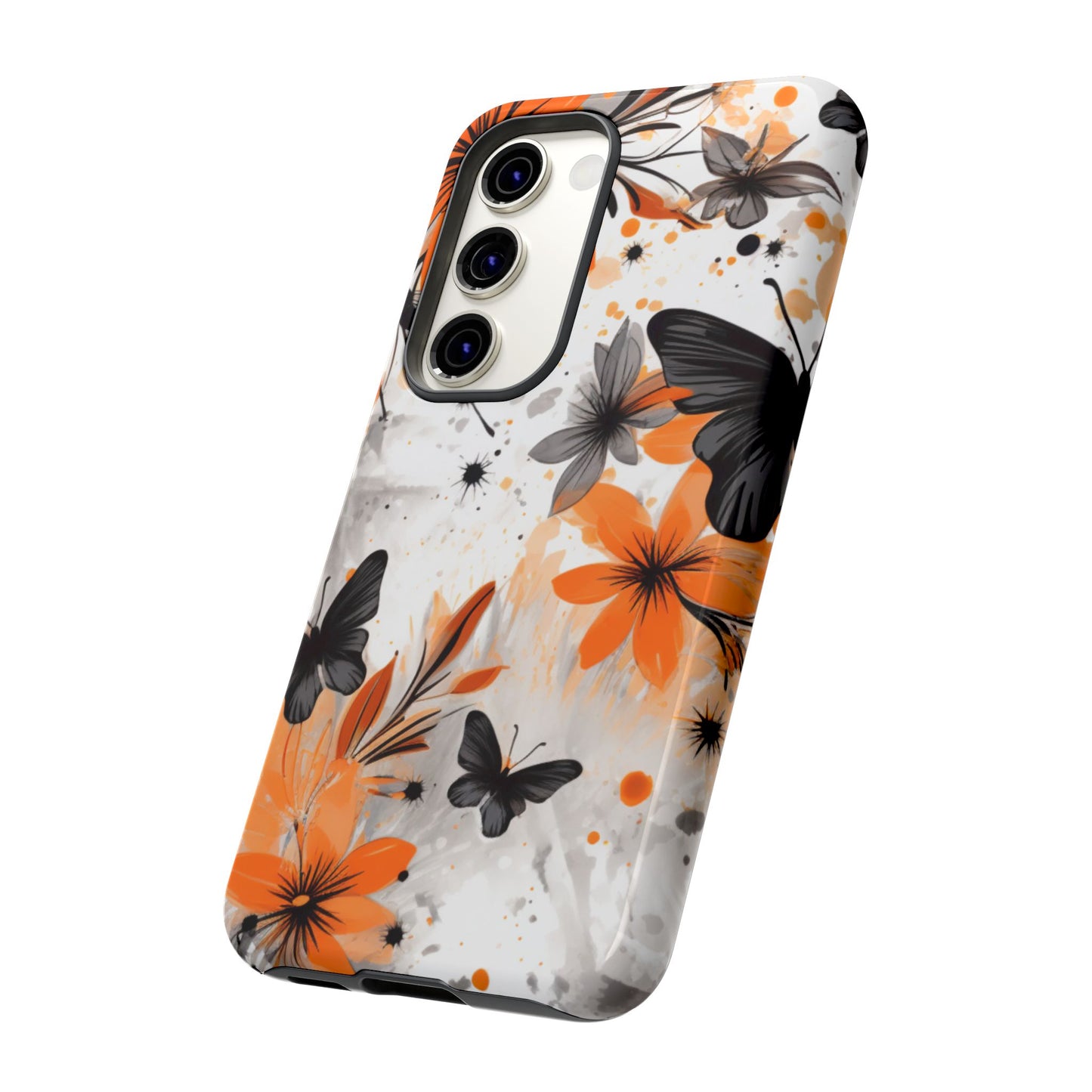 Orange Blossom & Black Butterfly Samsung Galaxy Case – Bold Floral Pattern with Modern Abstract Style