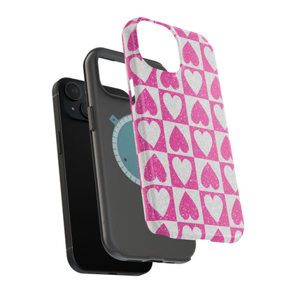 Pink Glitter Heart Checkered Pattern MagSafe Case