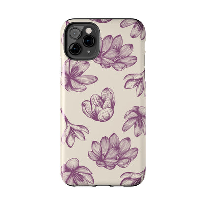 Vintage Botanical Floral Tough iPhone Case – Hand - Drawn Purple Flowers, Shockproof Design - BOGO Cases