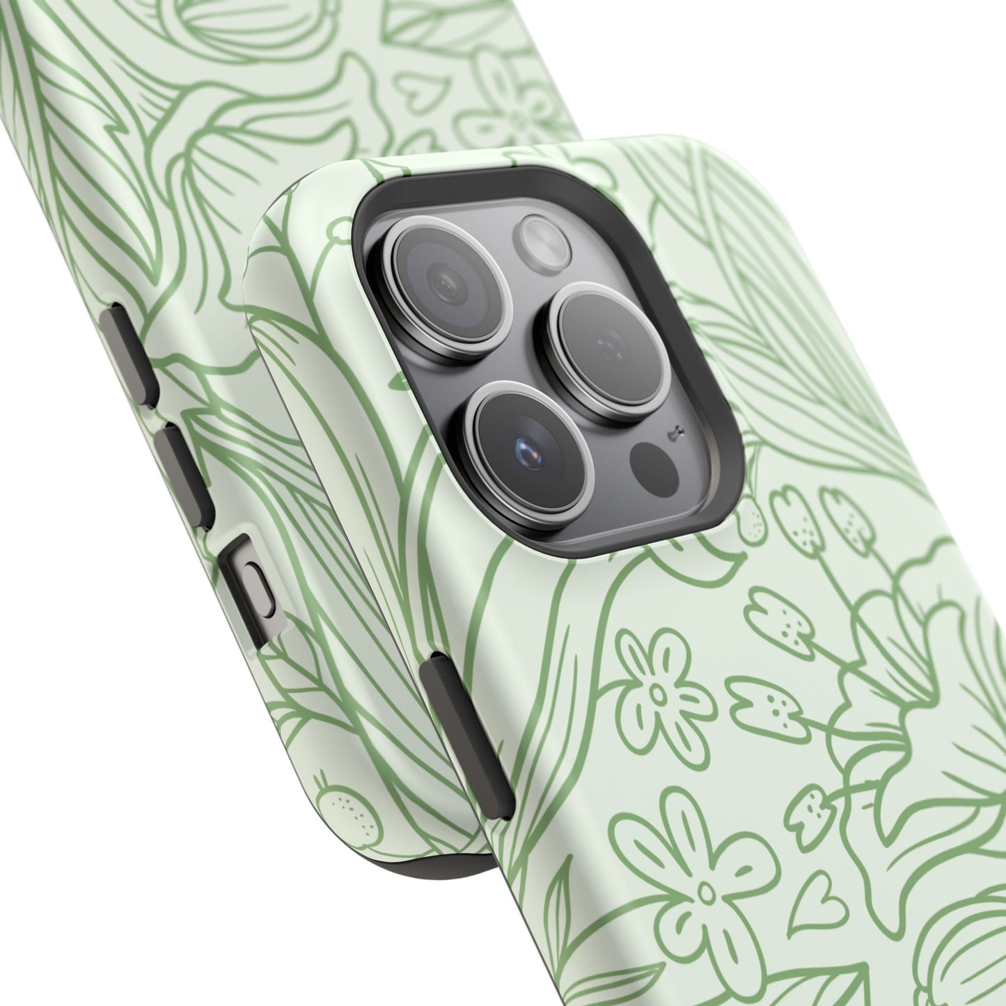 Sage Green Floral Line Art Tough MagSafe iPhone Case – Minimalist Botanical Design with Dual-Layer Protection