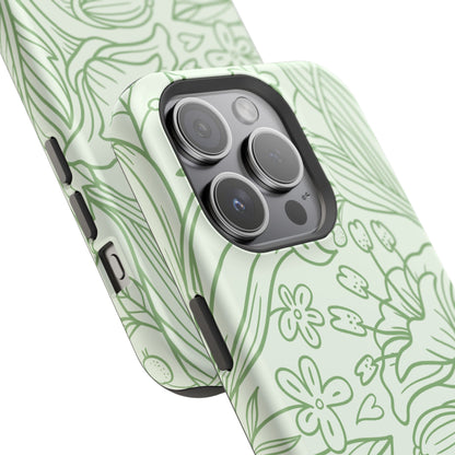 Sage Green Floral Line Art Tough MagSafe iPhone Case – Minimalist Botanical Design with Dual-Layer Protection