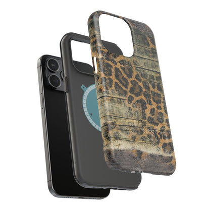 Rustic Wood and Leopard Print Tough MagSafe iPhone Case – Distressed Western Design with Dual-Layer Protection