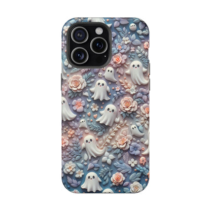 Cute MagSafe Ghosts Flowers Phone Case | Ethereal Clay Style | Autumn and Halloween Aesthetic | Tough Dual Layer Protection