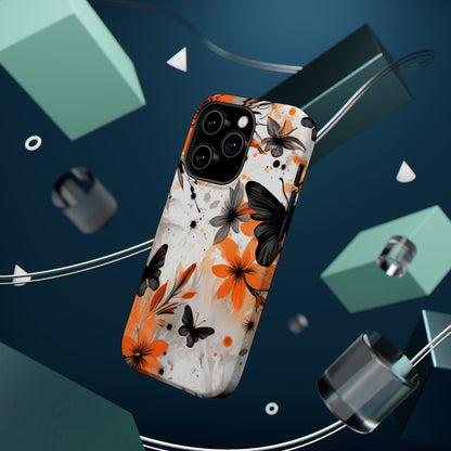 Orange Blossom & Black Butterfly MagSafe iPhone Case – Bold Floral Pattern with Modern Abstract Style