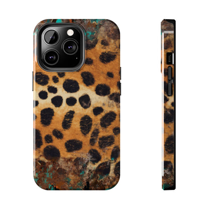 Rustic Leopard Print Tough iPhone Case – Distressed Turquoise and Animal Pattern with Dual-Layer Protection