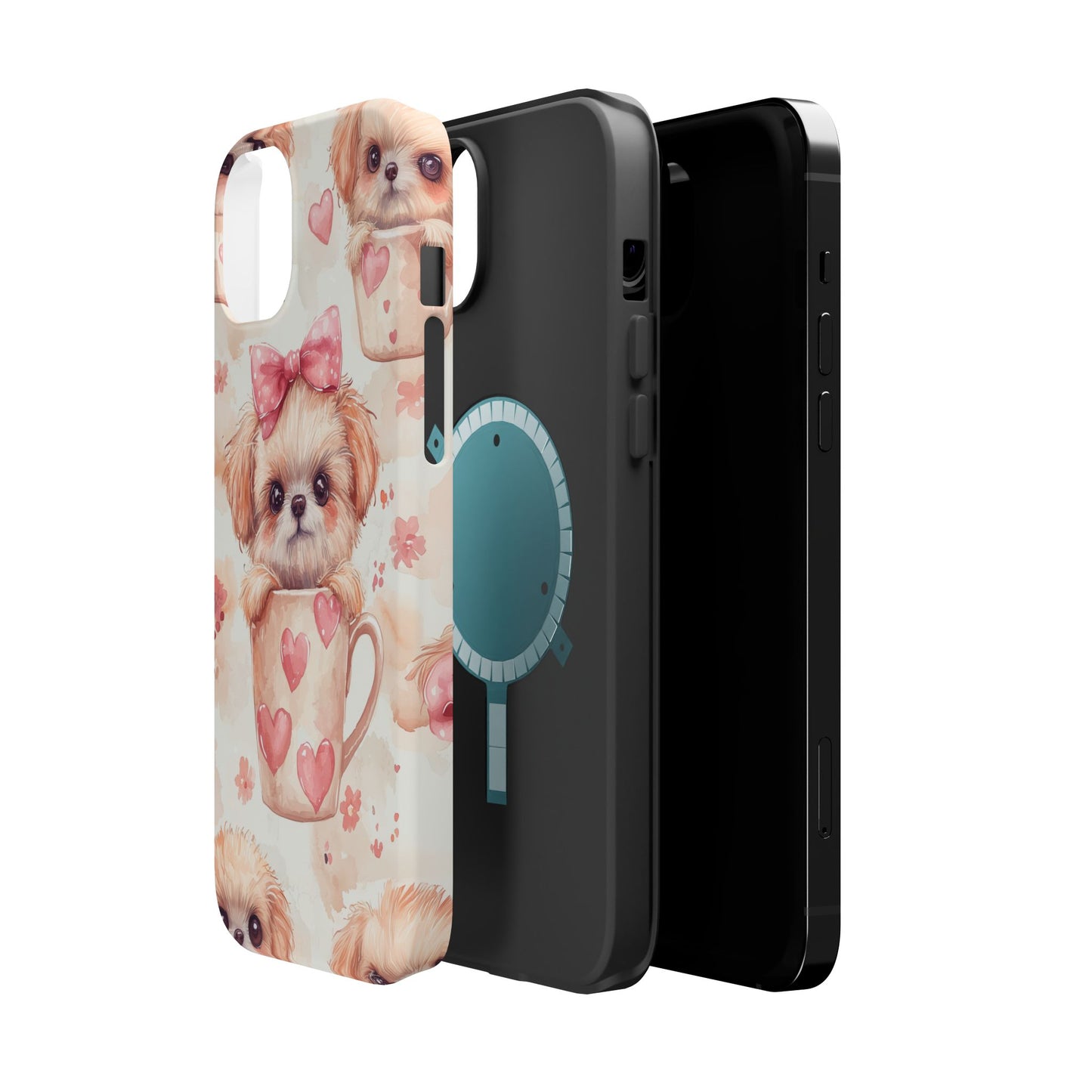 Adorable Puppy in Teacup MagSafe iPhone Case – Tough, Dual-Layer Protection with Cute Pink Bow Design