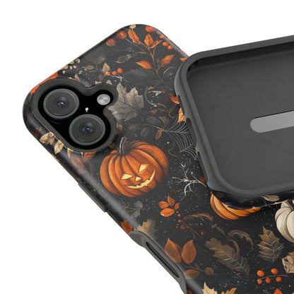 Elegant Halloween MagSafe iPhone Case – Pumpkin Jack-o'-Lanterns, Cobwebs & Autumn Foliage Design