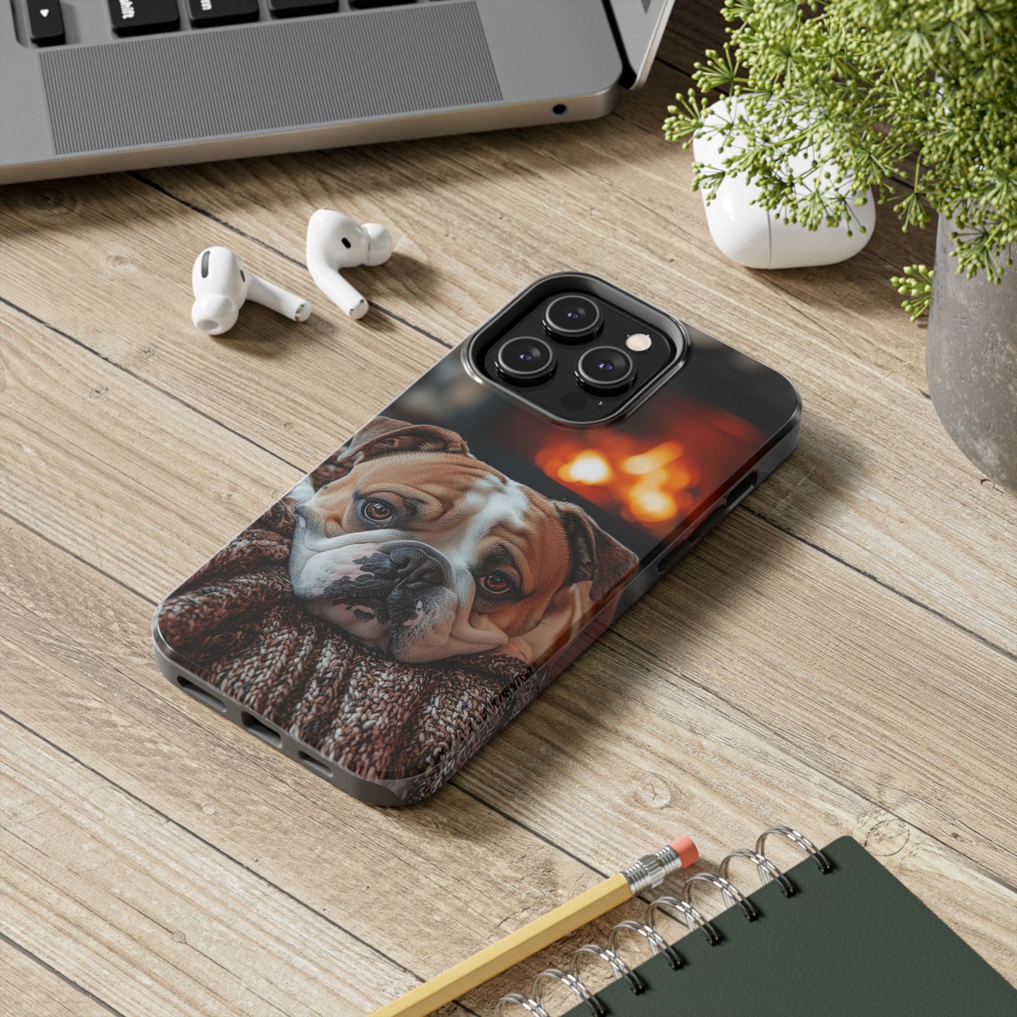 Cozy Bulldog iPhone Case – Fireside-Inspired Protective Cover Description: