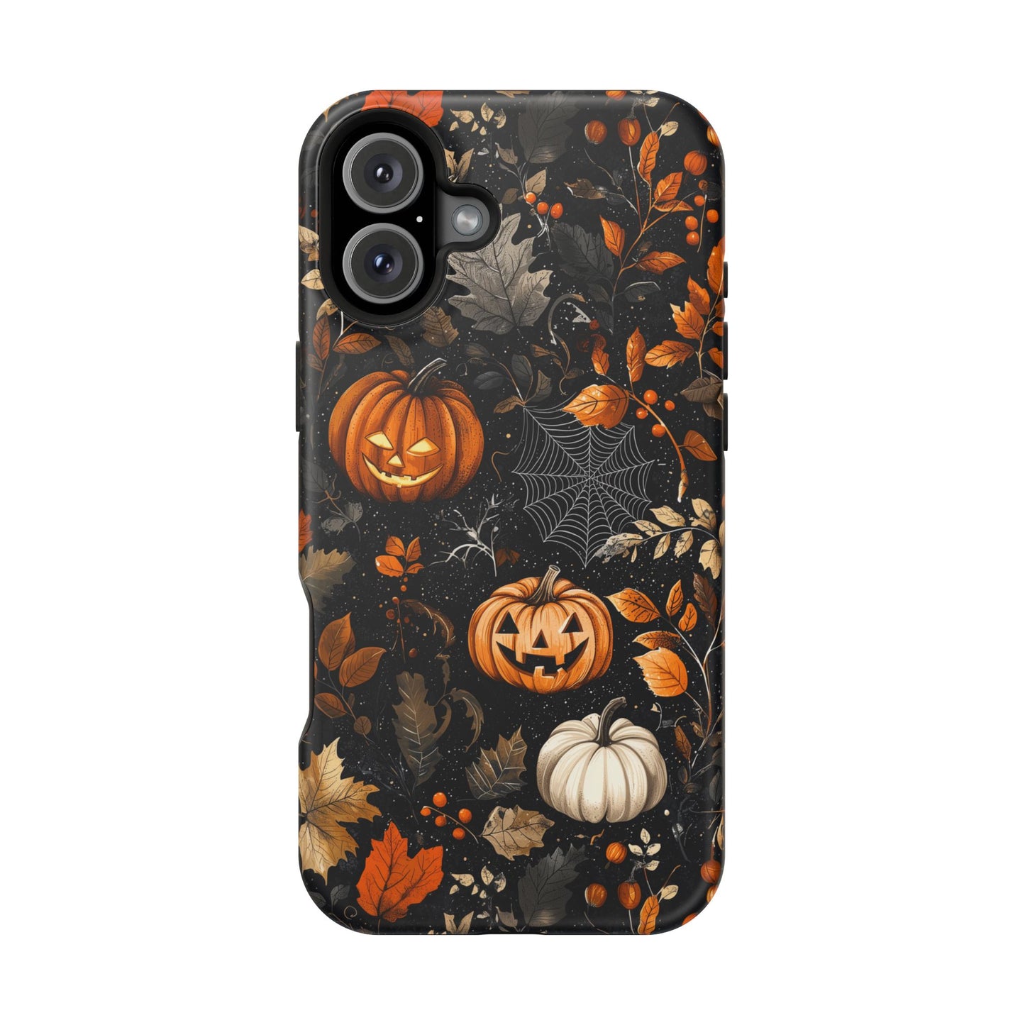 Elegant Halloween MagSafe iPhone Case – Pumpkin Jack-o'-Lanterns, Cobwebs & Autumn Foliage Design