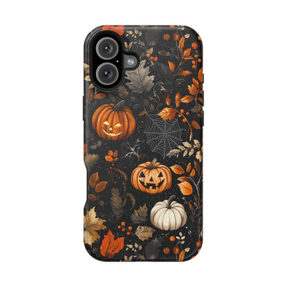 Elegant Halloween MagSafe iPhone Case – Pumpkin Jack-o'-Lanterns, Cobwebs & Autumn Foliage Design