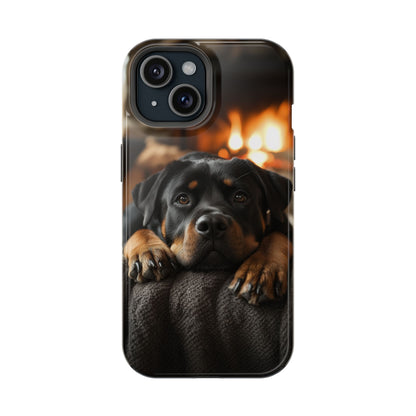 Cozy Rottweiler by the Fireplace MagSafe iPhone Case – Warm Rustic Design