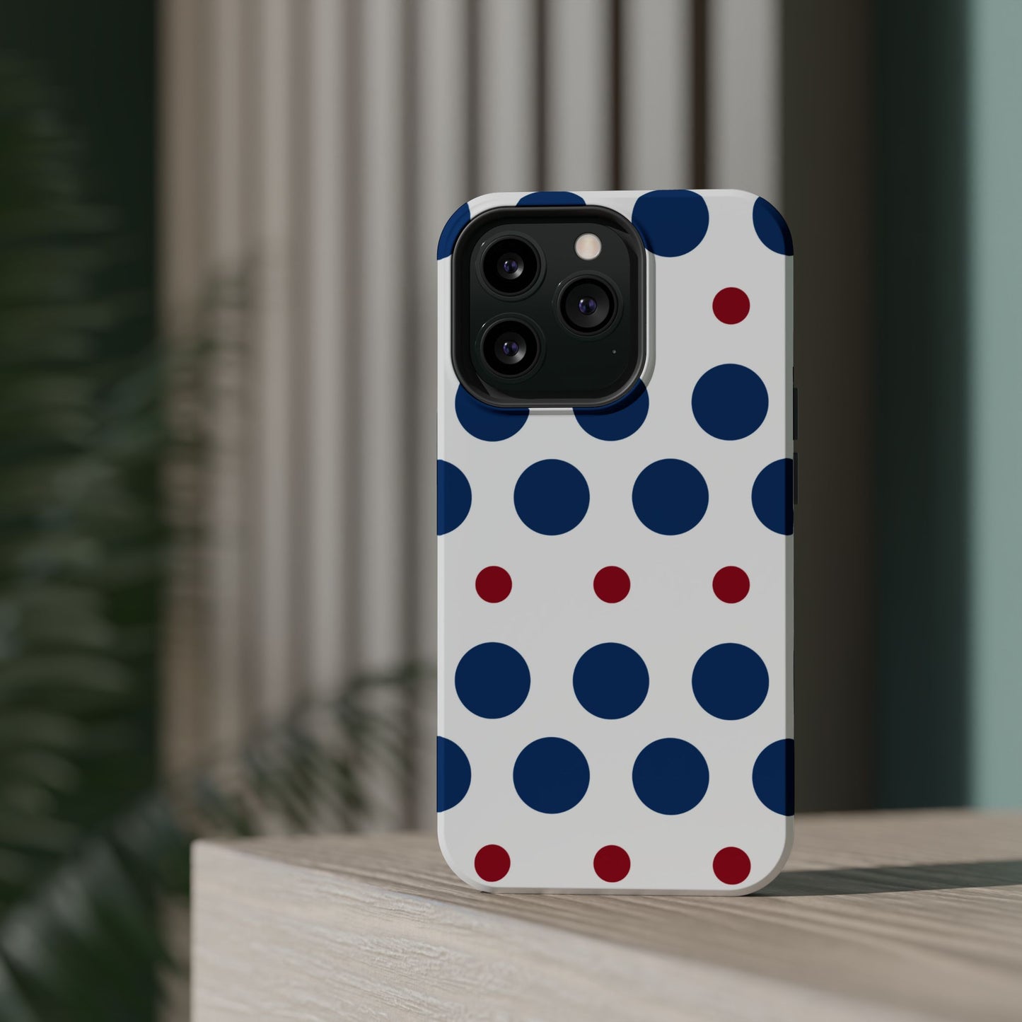 Bold Navy & Red Polka Dot Pattern – MagSafe iPhone Case