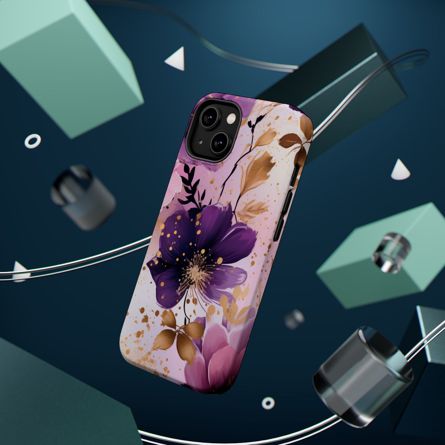 Elegant Purple & Gold Floral MagSafe iPhone Case - Luxe Flower Design