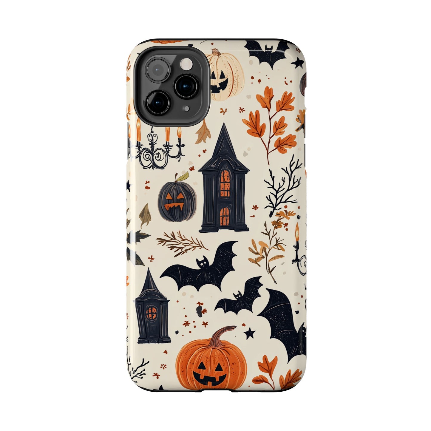 Haunted Halloween iPhone Case – Haunted House, Bats, and Pumpkins Design