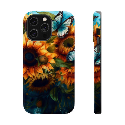 Aqua Blue Butterfly & Sunflower Art – MagSafe iPhone Case