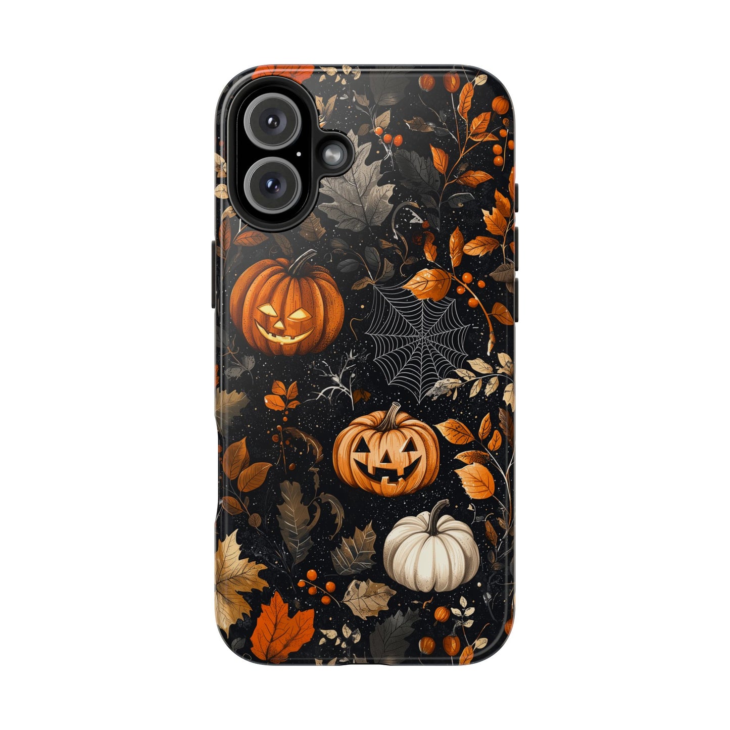 Elegant Halloween iPhone Case – Pumpkin Jack-o'-Lanterns, Cobwebs & Autumn Foliage Design