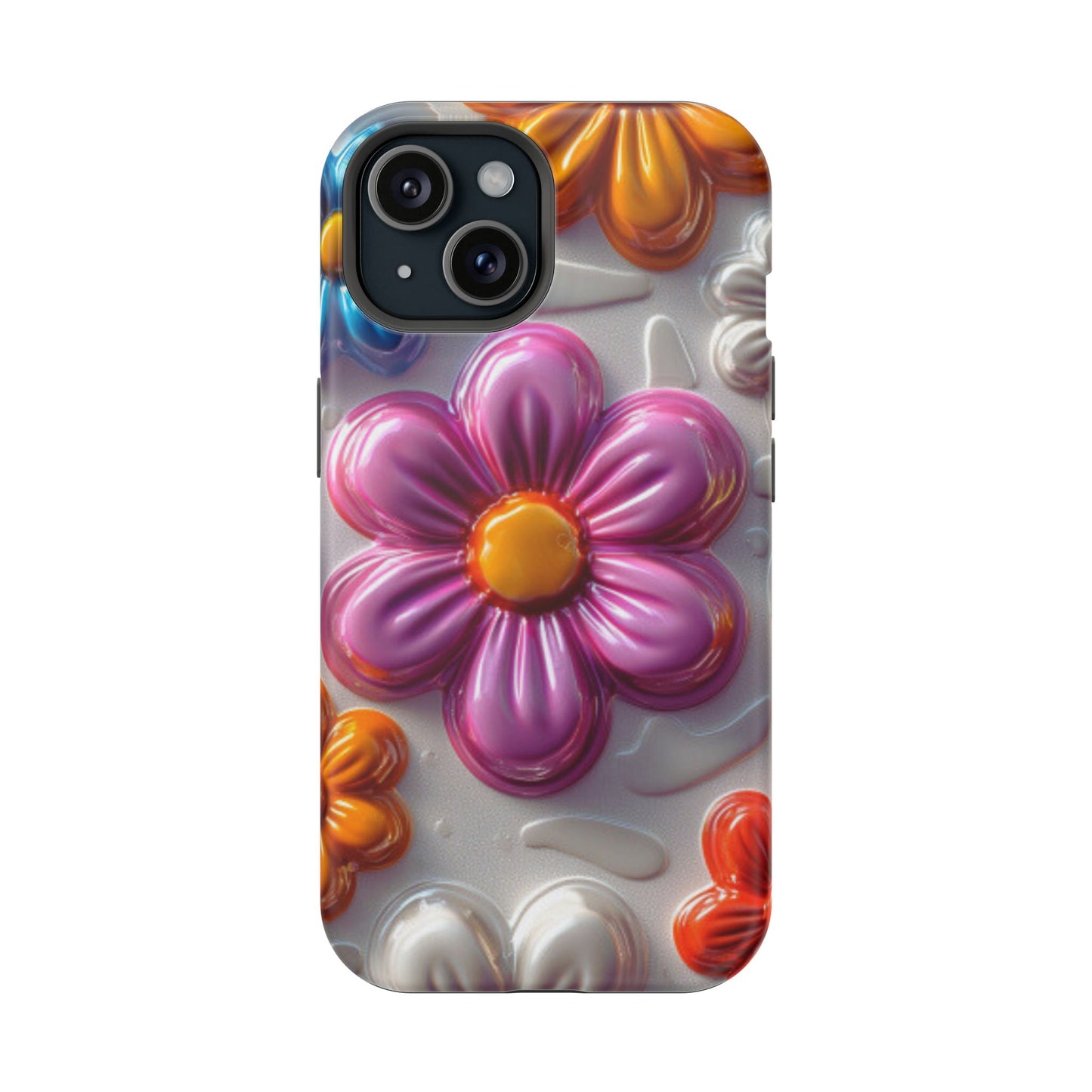 Glossy 3D Floral MagSafe iPhone Case – Colorful Flower Pattern, Durable Protection