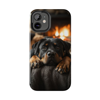 Cozy Rottweiler by the Fireplace iPhone Case – Warm Rustic Design