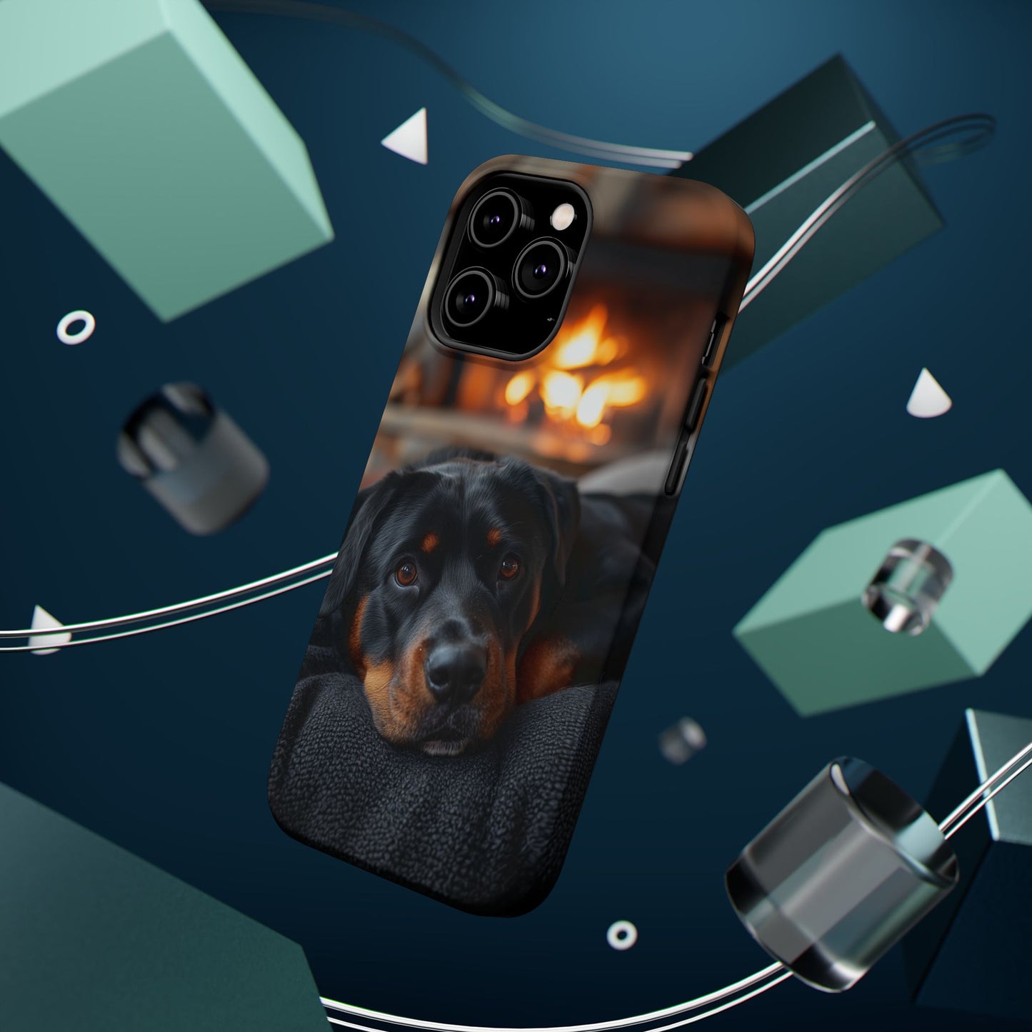 Charming Rottweiler by the Fireplace MagSafe iPhone Case – Cozy & Functional Design