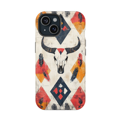 Western Bull Skull & Feathers Tough Mag Safe iPhone Case – Bold Tribal Design, Dual-Layer Protection