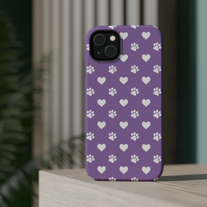 Lavender Paw Prints & Hearts Design - Adorable Pet Lover MagSafe iPhone Case