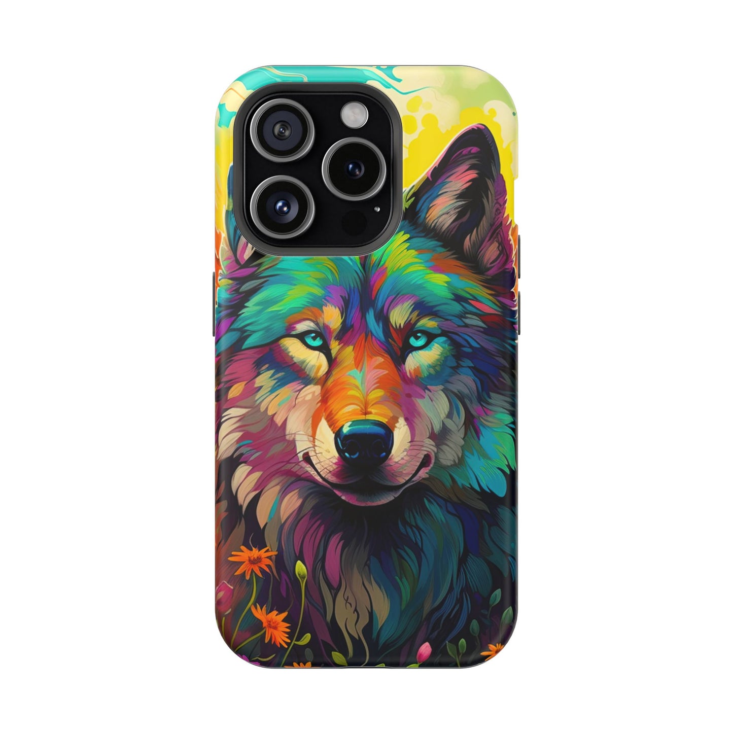 Rainbow Wolf in Bloom – MagSafe iPhone Case with Nature-Inspired Design