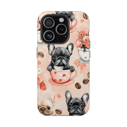 French Bulldogs in Heart Teacups MagSafe iPhone Case – Cute Dog & Floral Design, Shockproof Protection