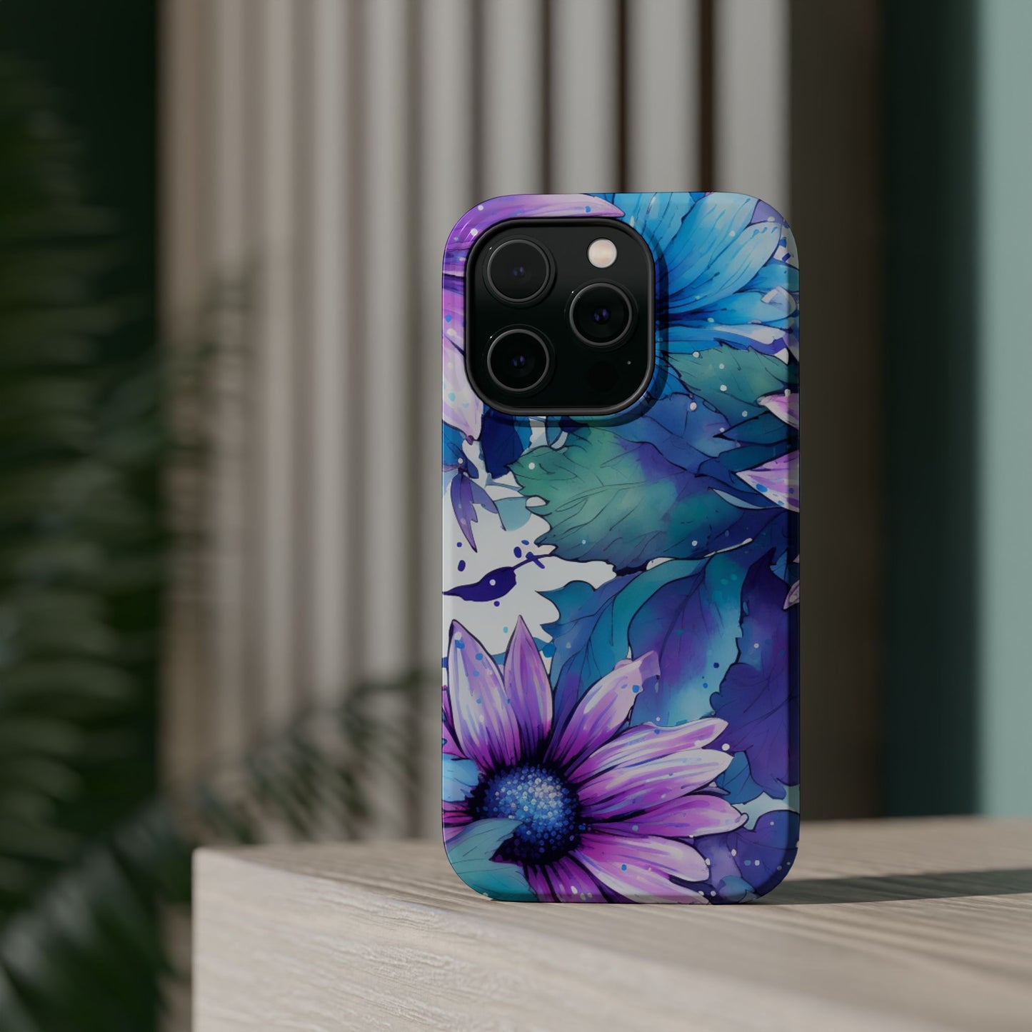 Purple & Teal Watercolor Floral MagSafe iPhone Case - Artistic Flower Design