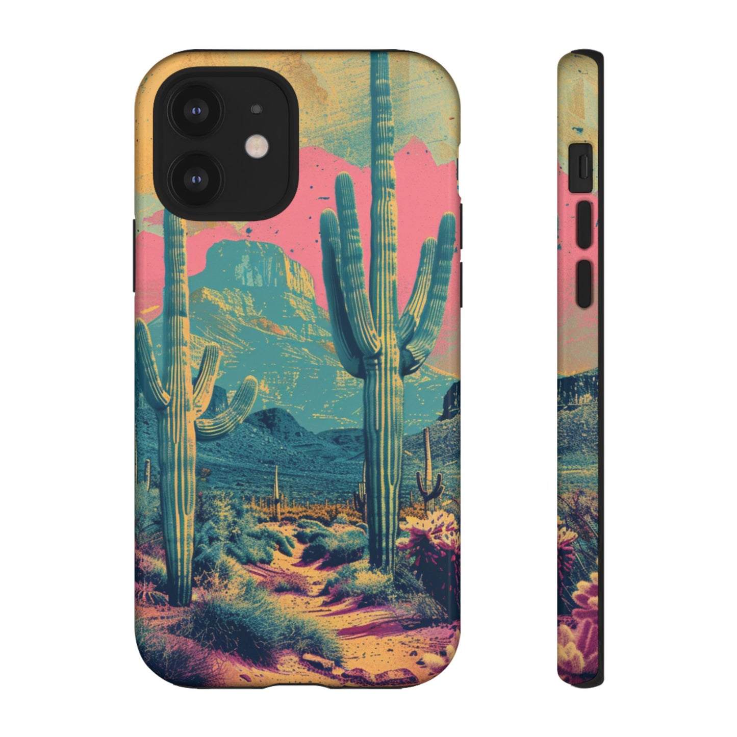 Desert Oasis Retro Cactus Phone Case - Vibrant Sunset Landscape for iPhone 15/14/13/12, Samsung S24/S23/S22/S21, & Google Pixel