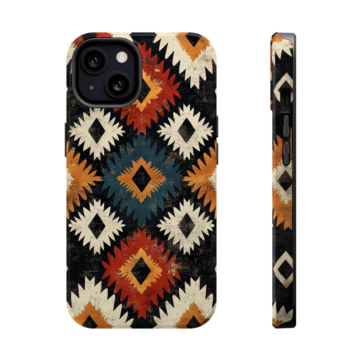 Rustic Tribal Sunburst Tough MagSafe iPhone Case – Vibrant Geometric Design, Dual-Layer Protection