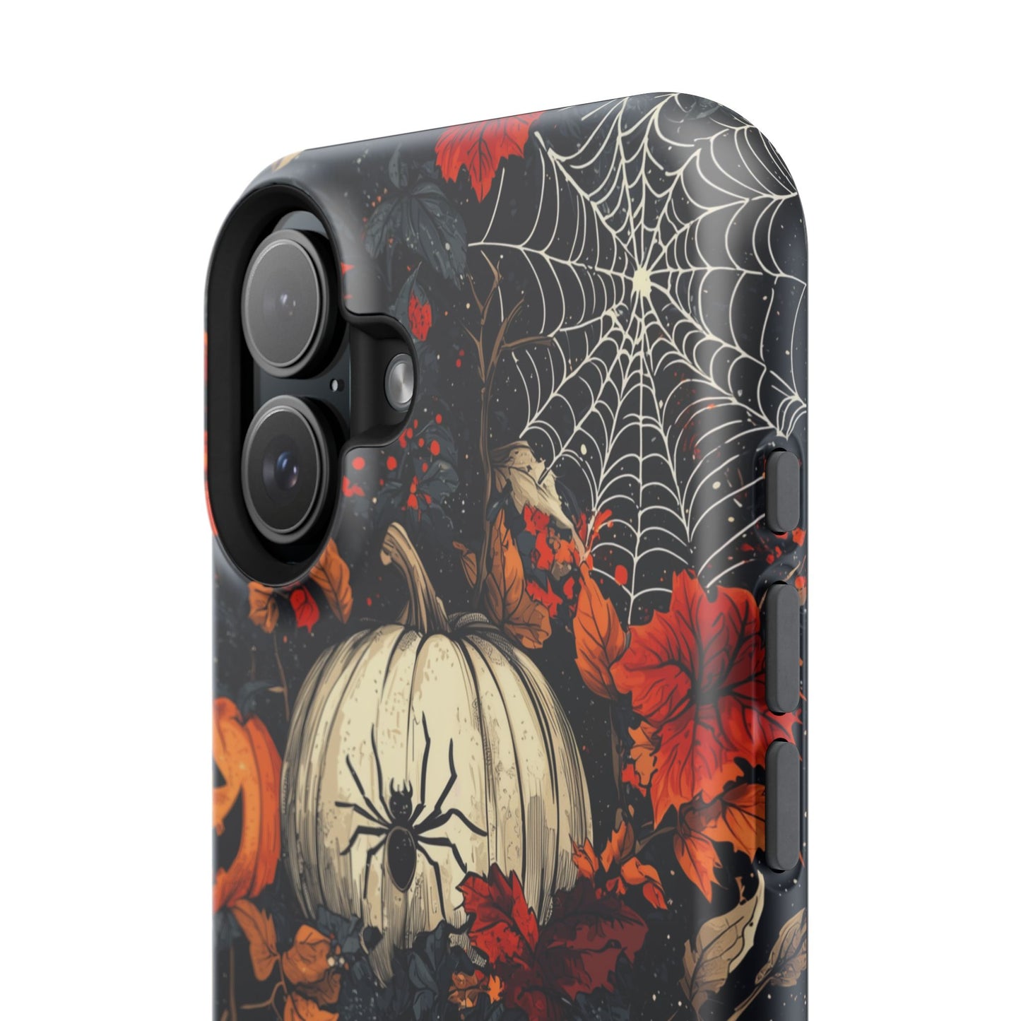 Hauntingly Elegant Halloween MagSafe iPhone Case – Pumpkins, Spiders, and Autumn Leaves Design