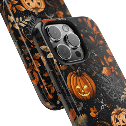 Elegant Halloween iPhone Case – Pumpkin Jack-o'-Lanterns, Cobwebs & Autumn Foliage Design