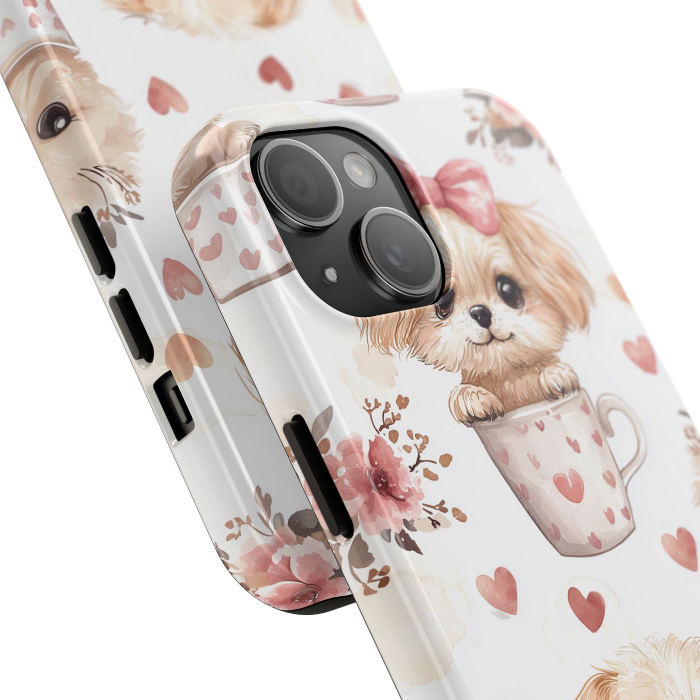 Cute Puppies in Heart Mugs iPhone Case – Adorable Dog & Floral Design, Shockproof & Slim - BOGO Cases