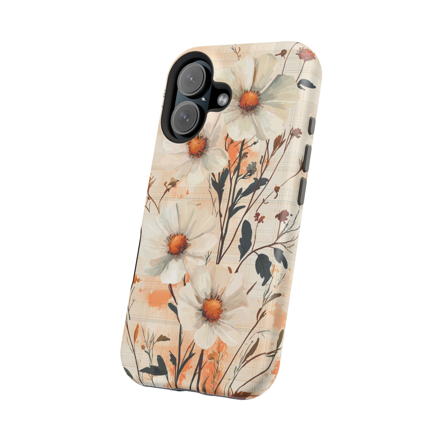 Pastel Orange Floral MagSafe iPhone Case - Elegant Plaid Protective Cover