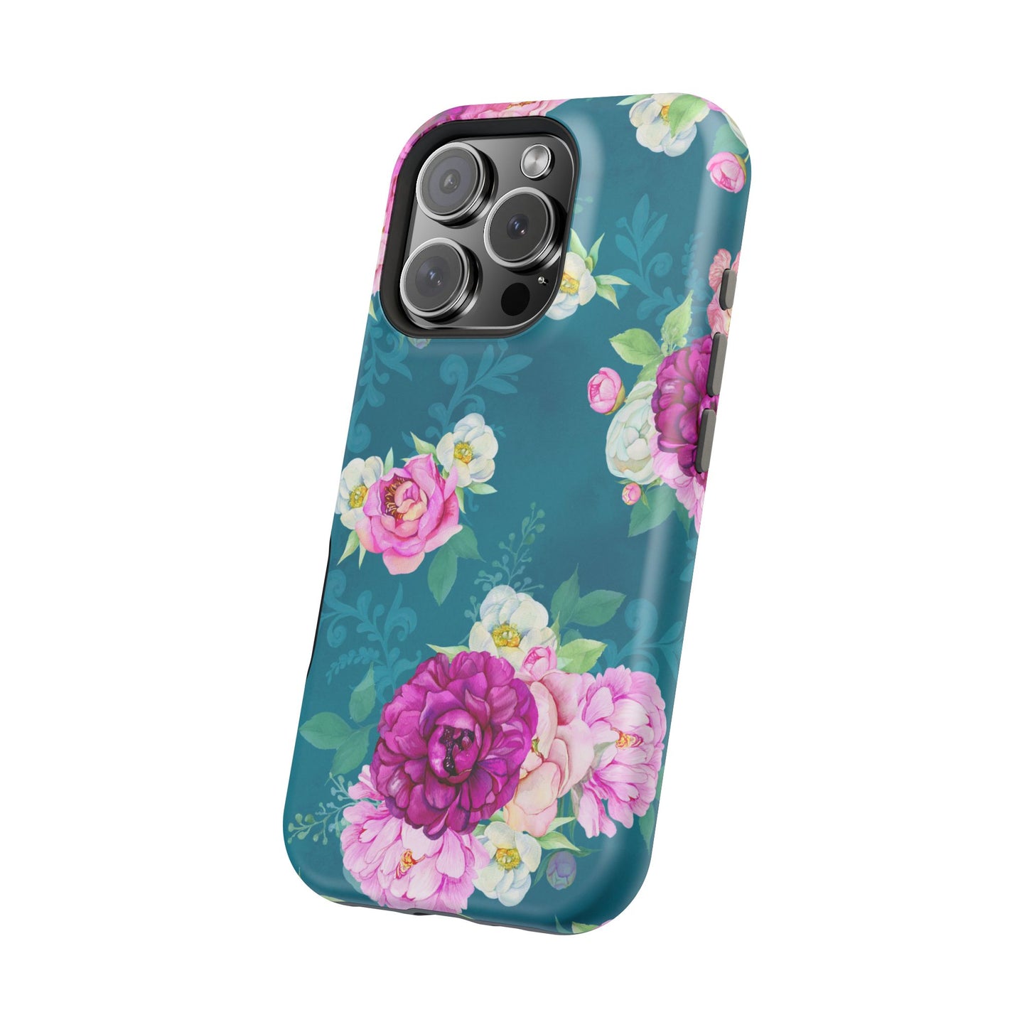 Elegant Peony Bouquet MagSafe iPhone Case – Deep Teal Background with Romantic Floral Design