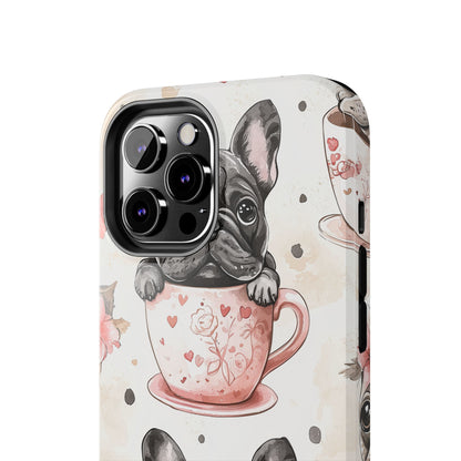 French Bulldogs in Teacups iPhone Case – Cute Dog Design with Hearts & Bows, Shockproof & Slim - BOGO Cases