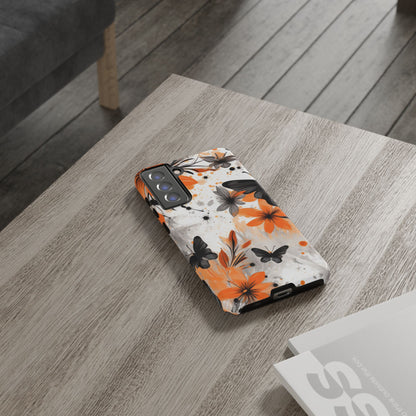 Orange Blossom & Black Butterfly Samsung Galaxy Case – Bold Floral Pattern with Modern Abstract Style