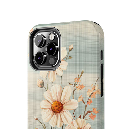 Vintage Plaid & Daisy Floral Tough iPhone Case – Dual-Layer Protection with Retro Flower Design