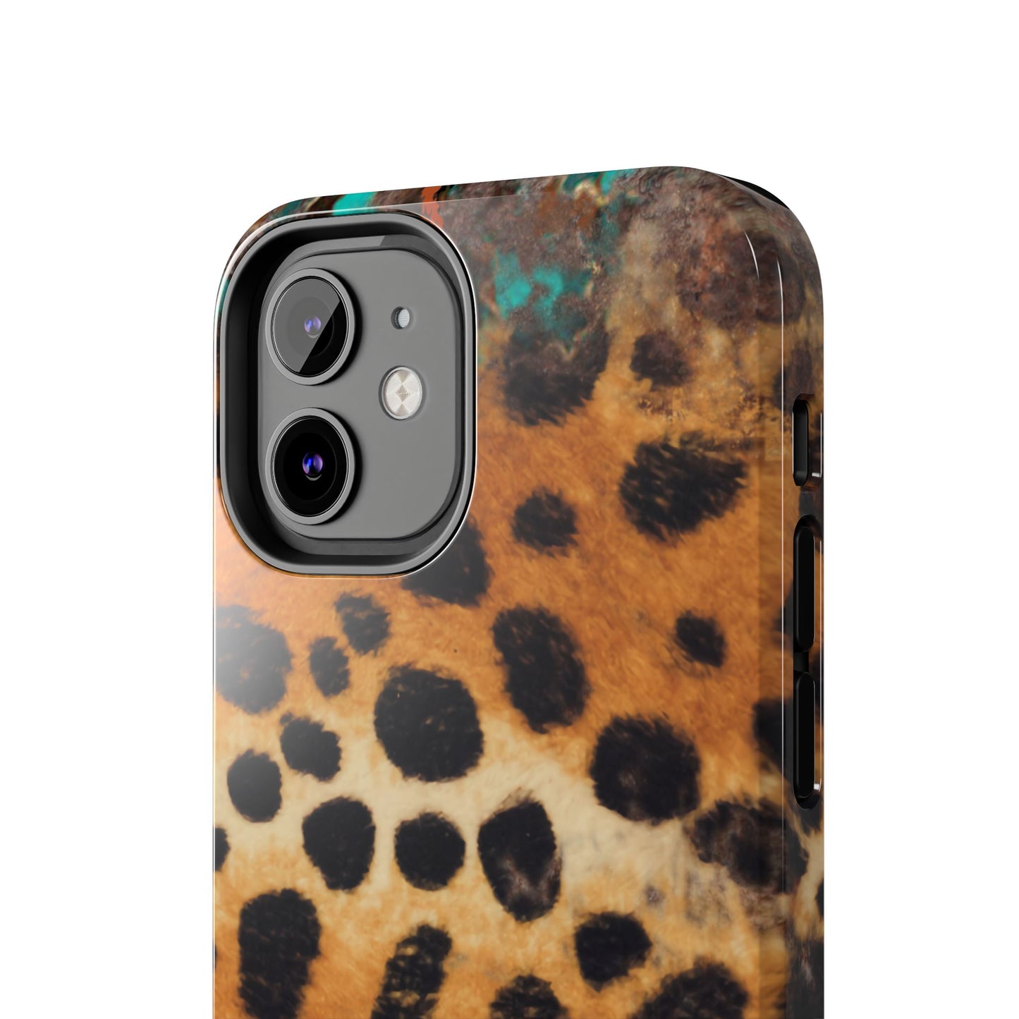 Rustic Leopard Print Tough iPhone Case – Distressed Turquoise and Animal Pattern with Dual-Layer Protection