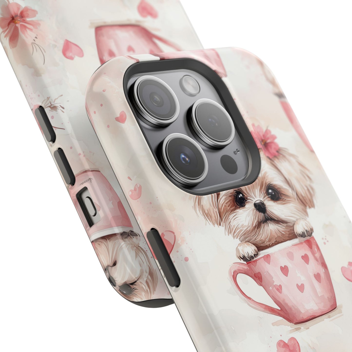 Floral Puppy in Teacup MagSafe iPhone Case – Cute Pink Flower Design, Tough Dual-Layer Protection