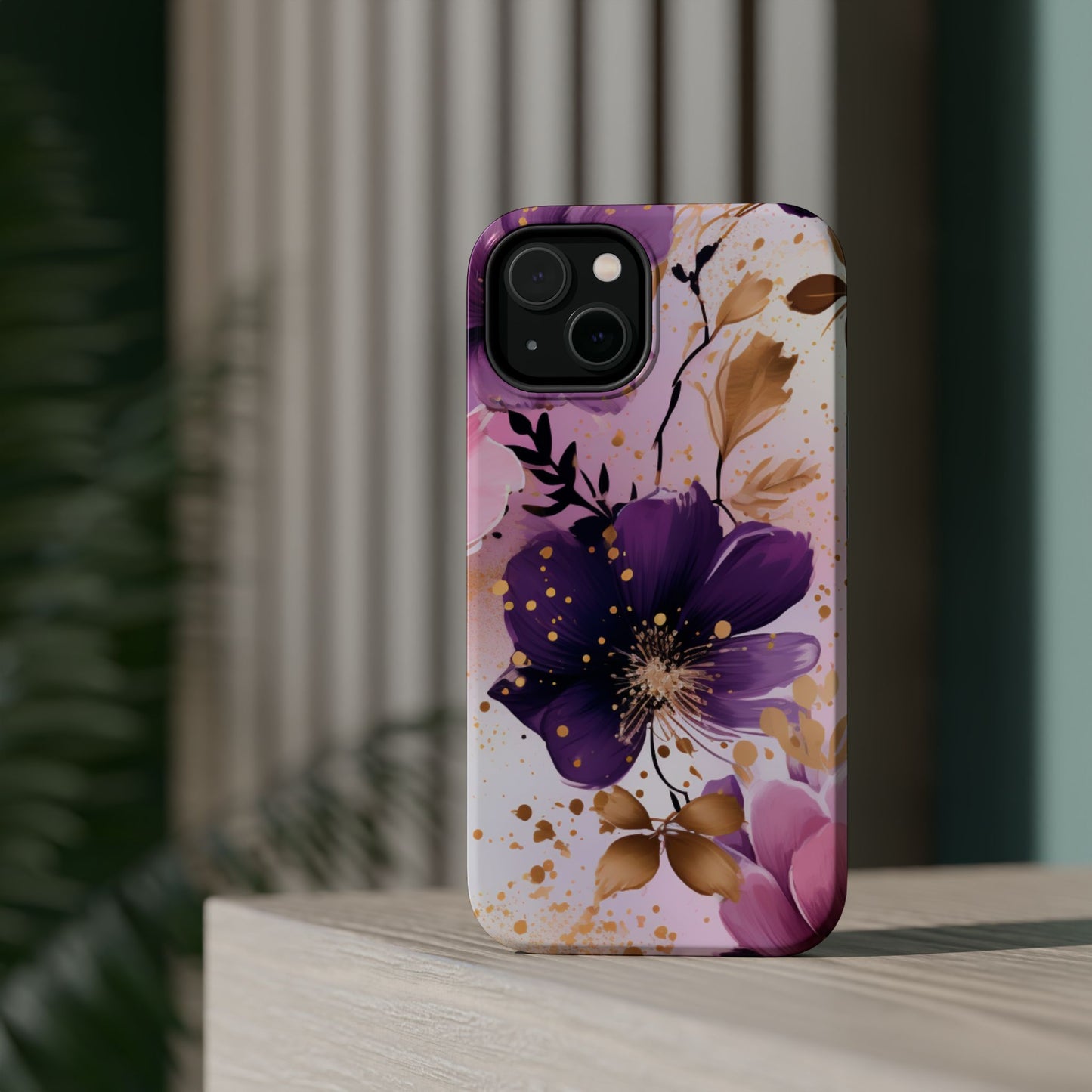 Elegant Purple & Gold Floral MagSafe iPhone Case - Luxe Flower Design