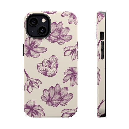 Vintage Botanical Floral Tough MagSafe iPhone Case – Hand-Drawn Purple Flowers, Shockproof Design