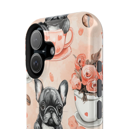 French Bulldogs in Heart Teacups MagSafe iPhone Case – Cute Dog & Floral Design, Shockproof Protection