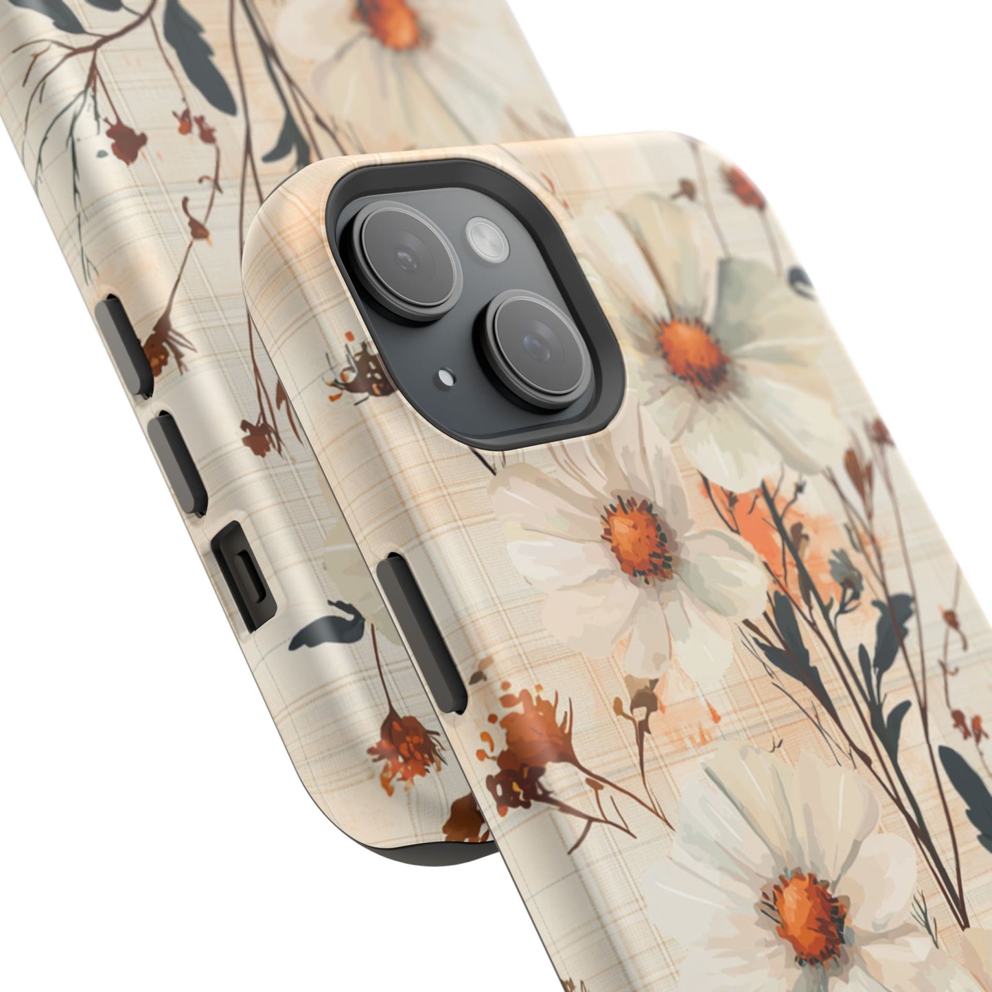 Pastel Orange Floral MagSafe iPhone Case - Elegant Plaid Protective Cover