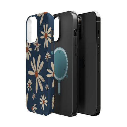 Vintage Daisies MagSafe iPhone Case – Navy Blue Floral Design, Scratch-Resistant with Shock-Absorbing Bumper