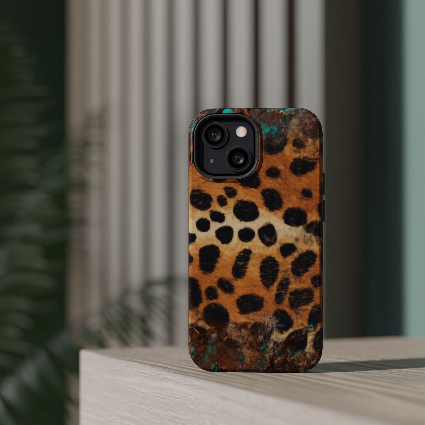 Rustic Leopard Print Tough MagSafe iPhone Case – Distressed Turquoise and Animal Pattern with Dual-Layer Protection