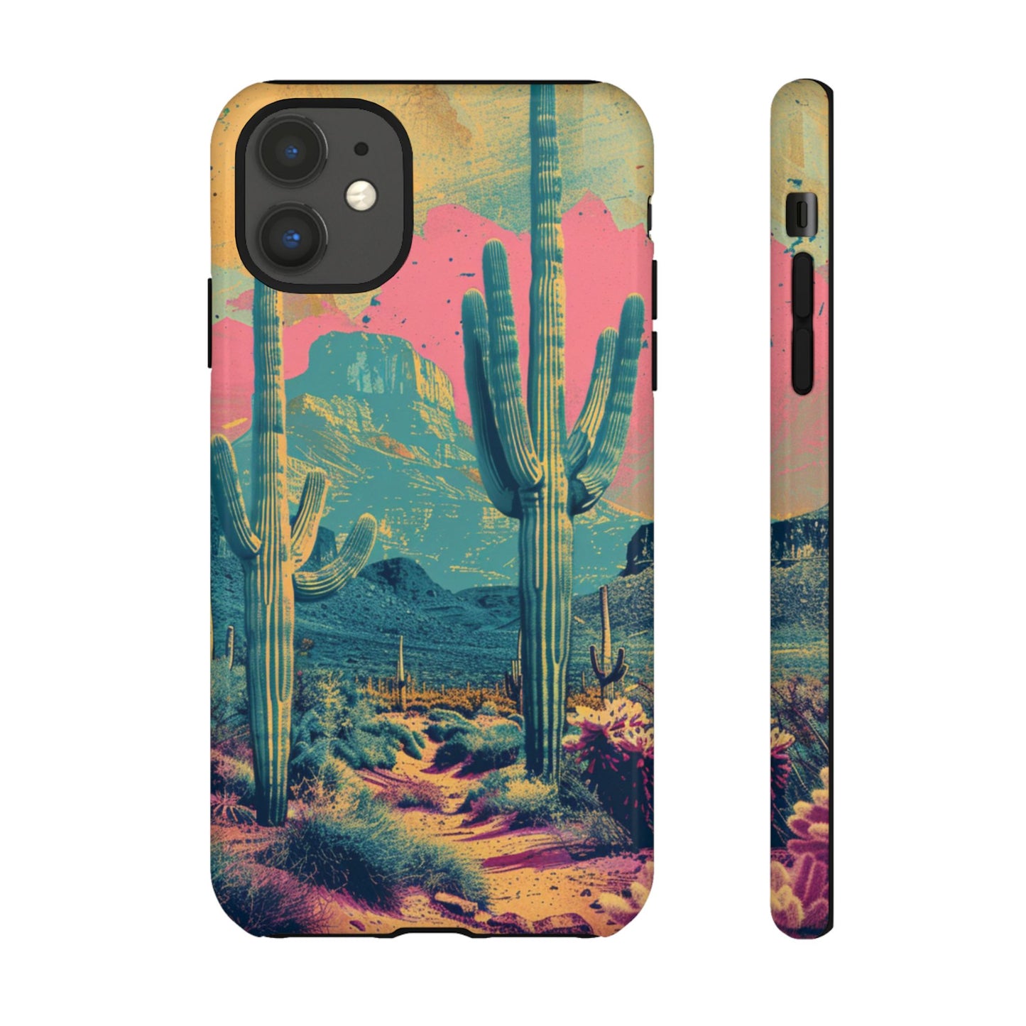 Desert Oasis Retro Cactus Phone Case - Vibrant Sunset Landscape for iPhone 15/14/13/12, Samsung S24/S23/S22/S21, & Google Pixel